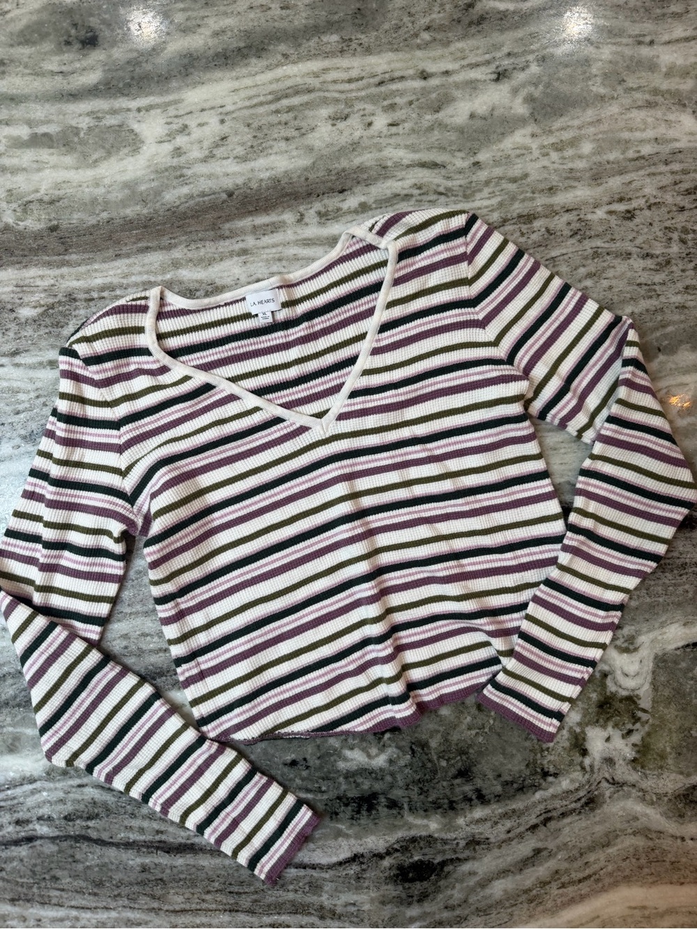 PacSun LA Hearts Ribbed V-Neck Long Sleeve Striped Top XL